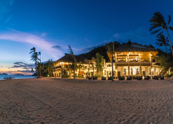 The island's resort center by night.