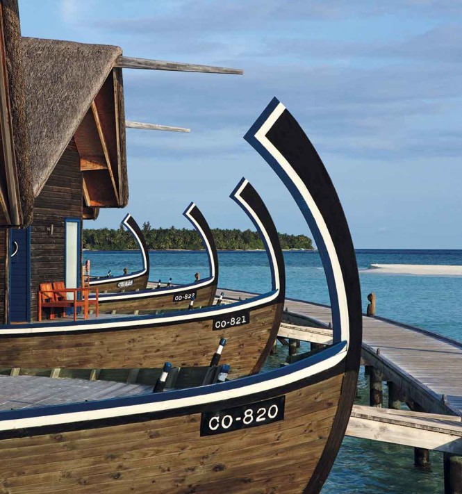The overwater suites at COMO Cocoa Island take their shape from the traditional Maldivian dhoni boat.