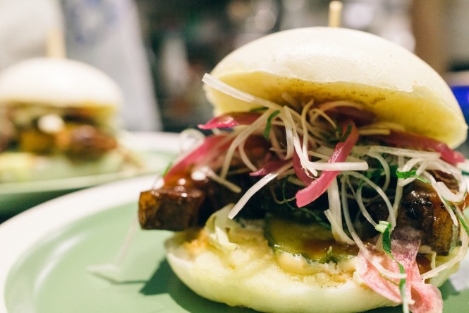 Braised pork belly offset by a light sesame salad between two perfect bao buns.