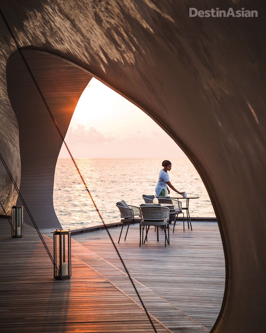 A terrace table at the St. Regis Maldives Vommuli's Whale Bar. 
