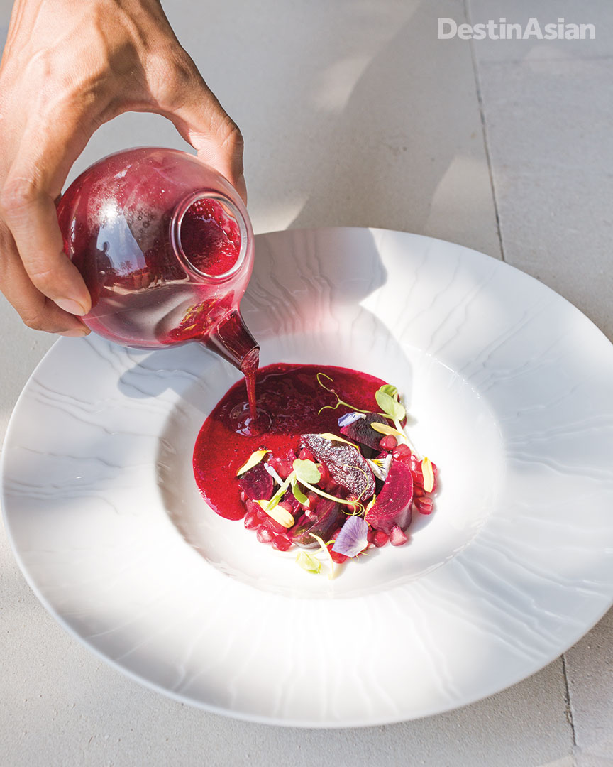 Chilled beetroot, pomegranate, and cranberry soup at Alba, the St. Regis' poolside Italian restaurant. 