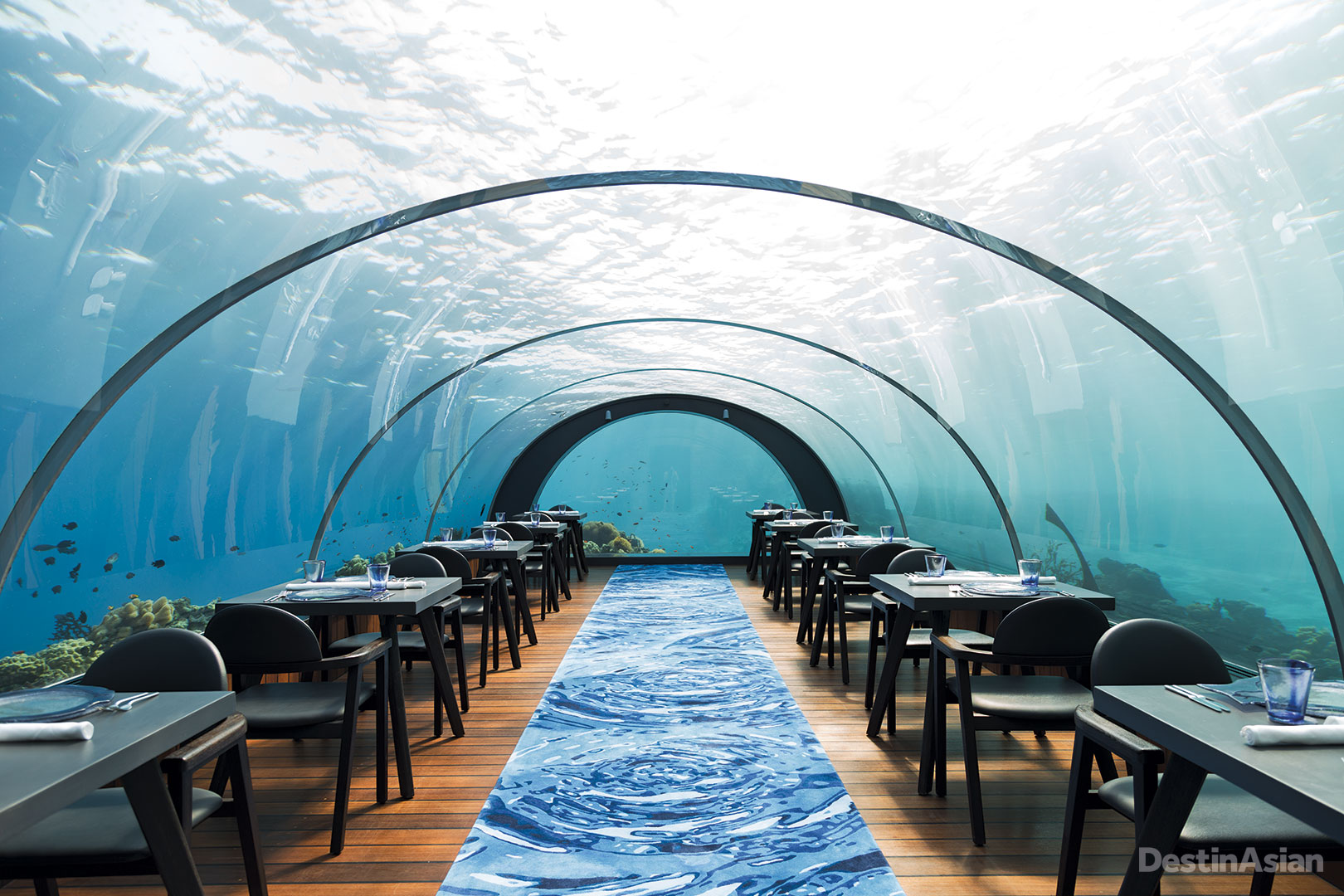 Submerged almost six meters below the waves, Hurawalhi Island Resort's 5.8 bills itself as the world's largest all-glass underwater restaurant.