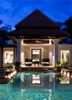 The pool area in the evening.