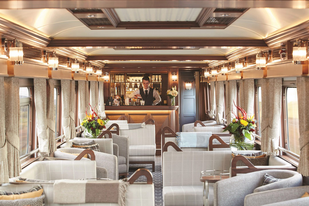 The cozy, elegant bar on board the Belmond Grand Hibernian.