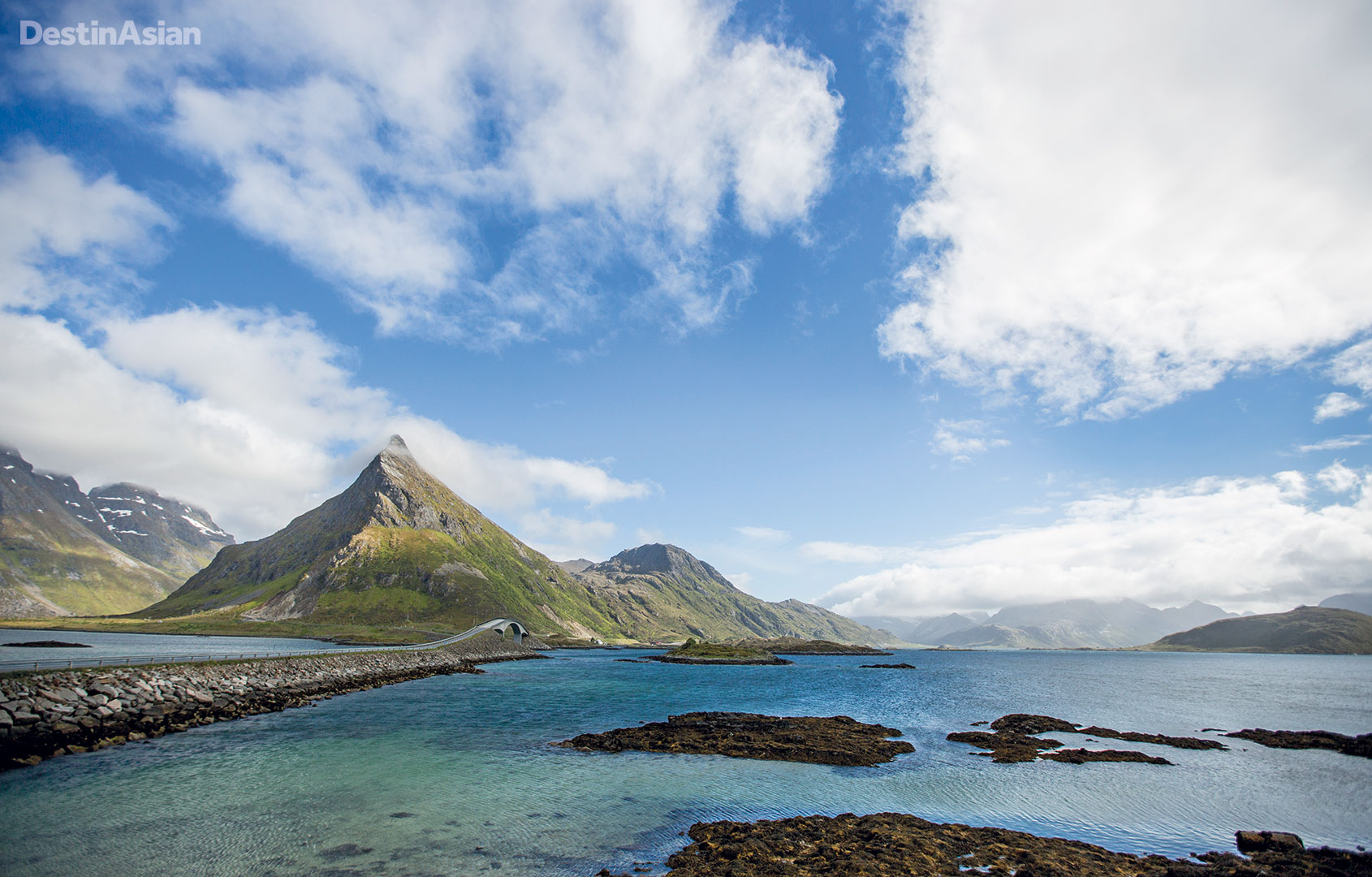 A scenic bridge connects the neighboring Lofoten islands of Flakstadøya and Moskenesøya.