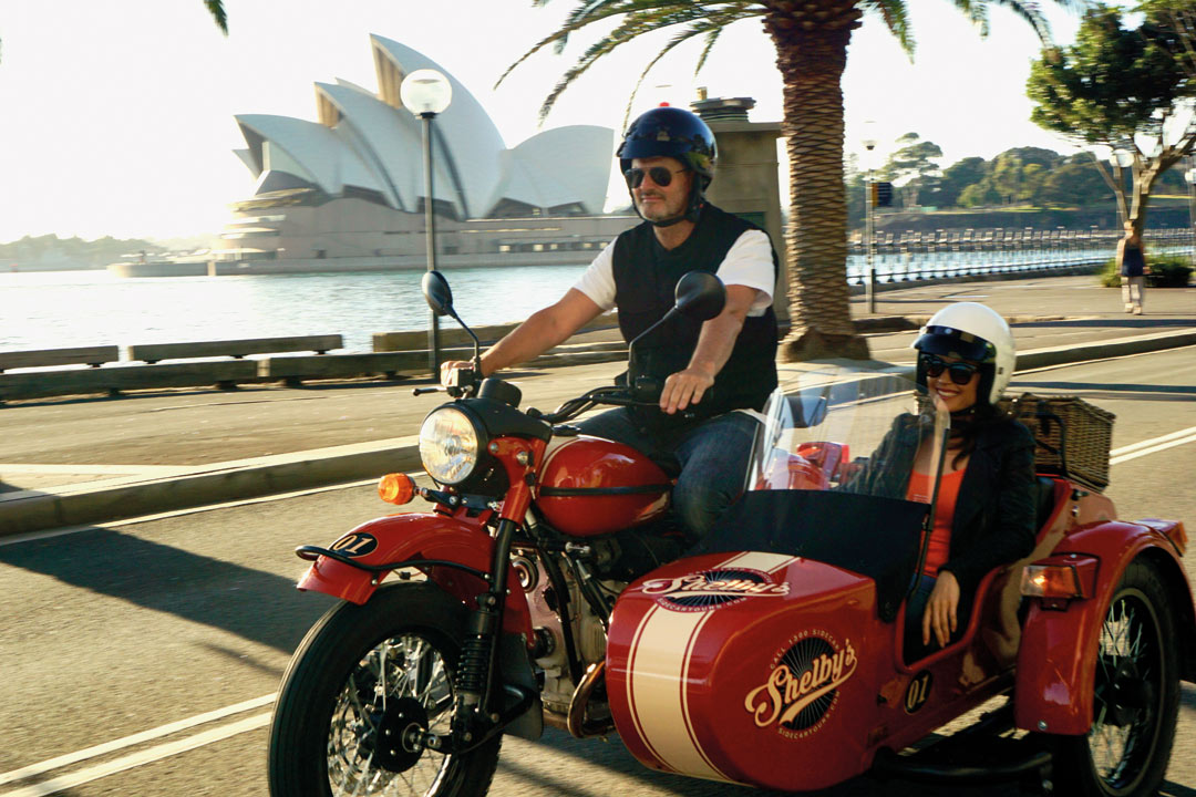 Touring the city in a Shelby's sidecar.