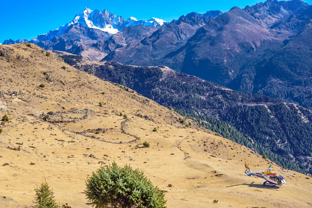 One of Royal Bhutan Helicopter Services' choppers outside Laya village.
