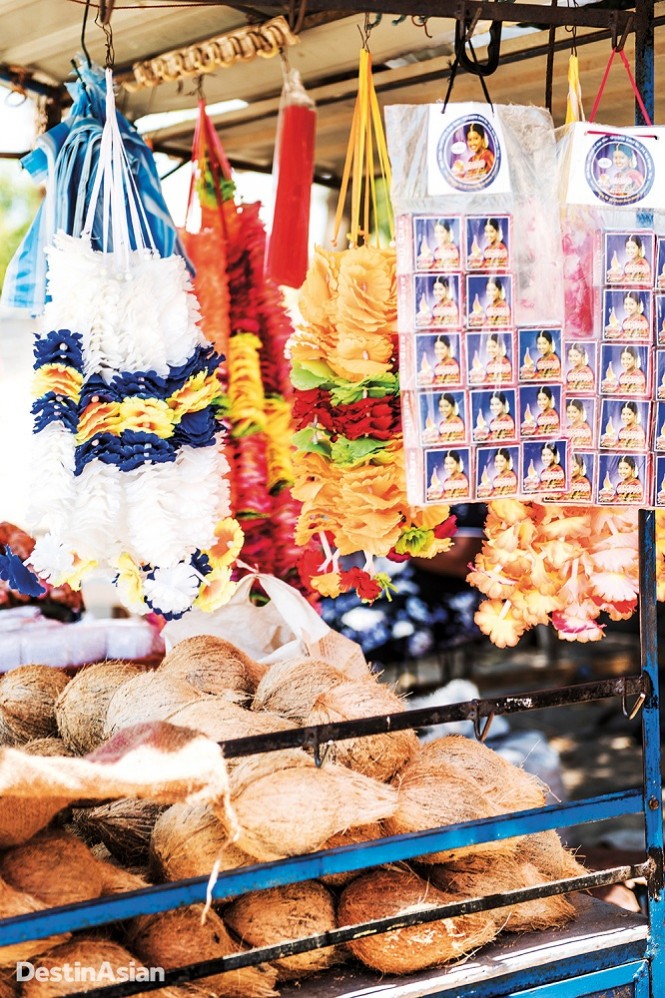Garlands, coconut husks, and other offerings for sale at Trincomalee’s Sri Pathrakali Temple.