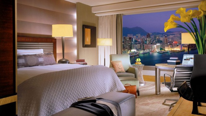 A room view at the Four Seasons Hong Kong luxury hotel.