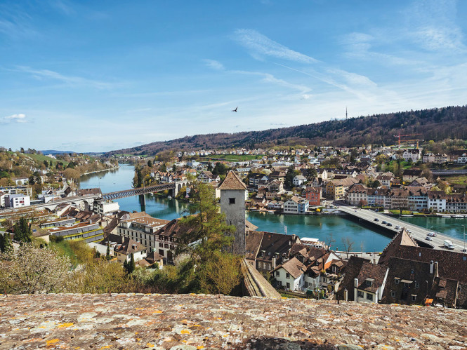 Looking southeast from the battlements of Shaffhausen's 16th-century Munot fort, with the Rhine River flowing downstream from Stein am Rhein. Photo from Getty Images.