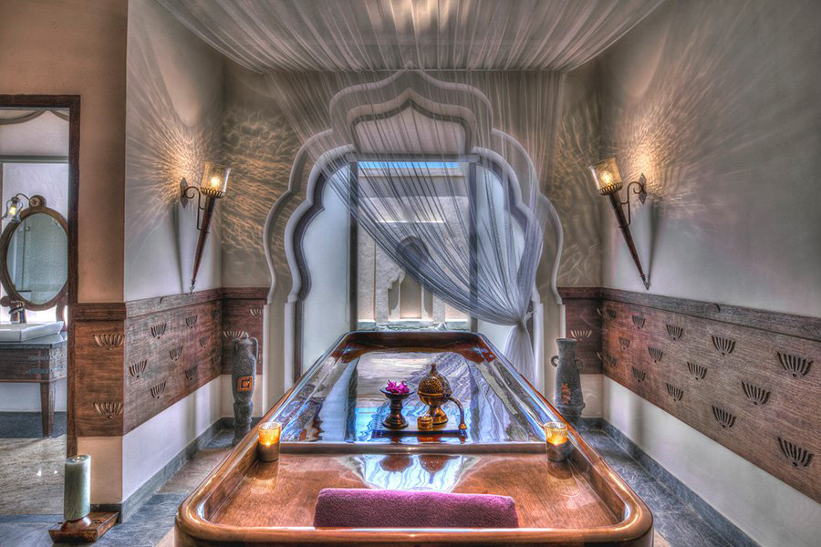 The property's on-site spa takes its inspiration from the Lotus Mahal.