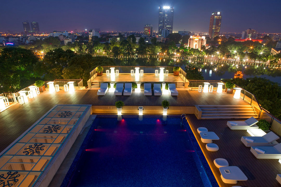 Panoramic views from the rooftop pool at Apricot Hotel.