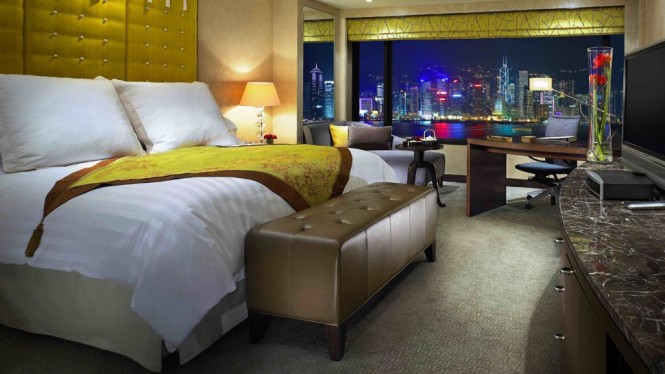 A harbor-view room at InterContinental Hotel Hong Kong.