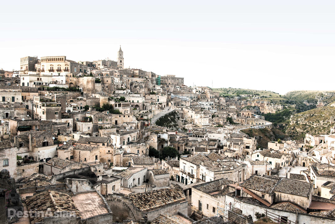 Overlooking the Old Town of Matera, whose ancient Sassi district has stood in for Roman-era Jerusalem in films like The Passion of the Christ and the recent remake of Ben-Hur.