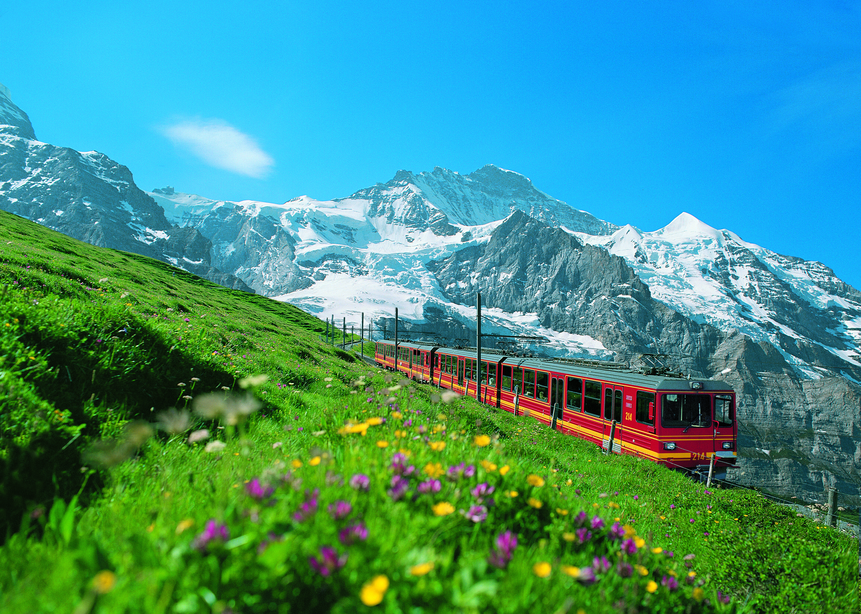 The Jungfraubahn train accompanied by the majestic backdrop of the Jungfrau.