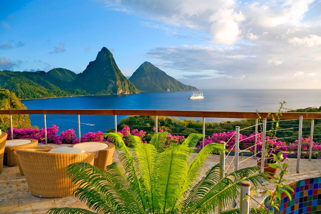 St. Lucia's iconic Pitons as seen from Jade Mountain resort.