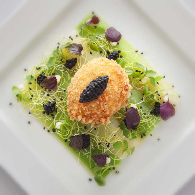 Crispy soft-boiled egg with leek vinaigrette at the Royal Savoy Brasserie du Royal