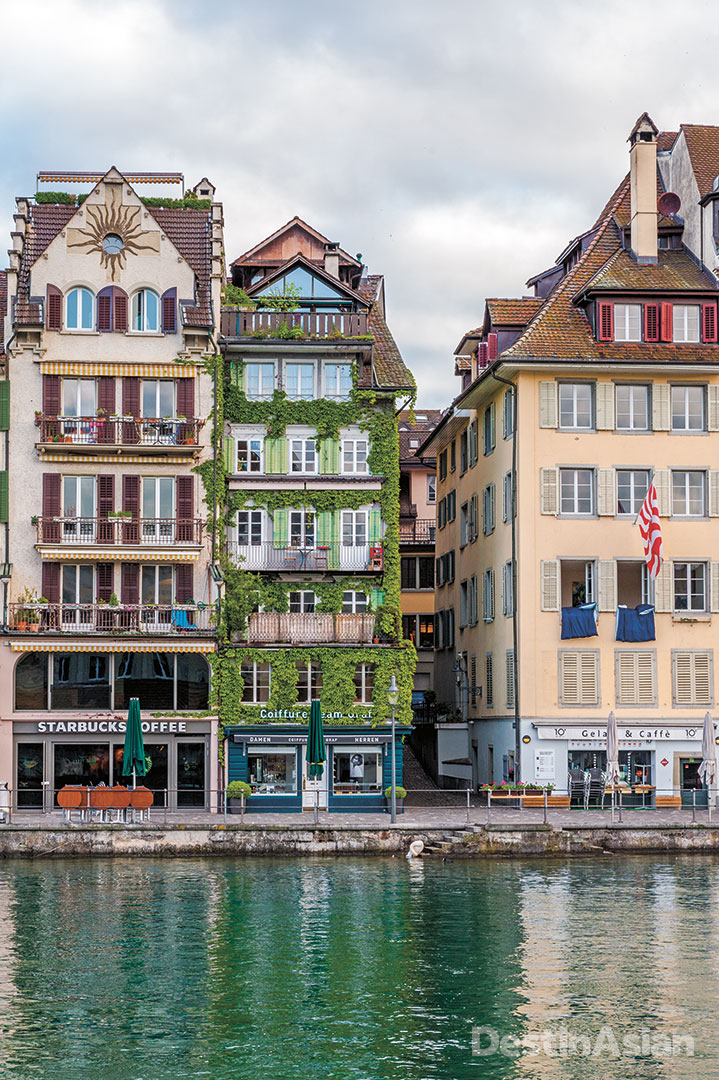 Riverfront facades in Lucerne's Old Town. 