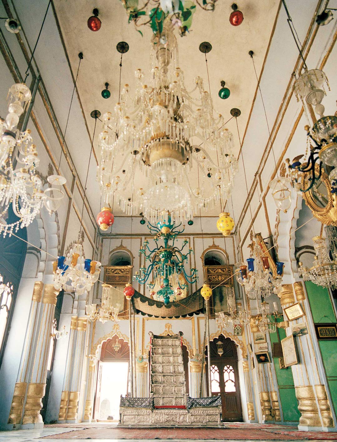 The ornate interiors of the Chota Imambara, built in 1837 as a mausoleum for the ninth Nawab of Awadh, Muhammad Ali Shah.