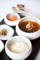 One of Roh’s soups, featuring mallow, dried shrimp, and doenjang soybean paste. 