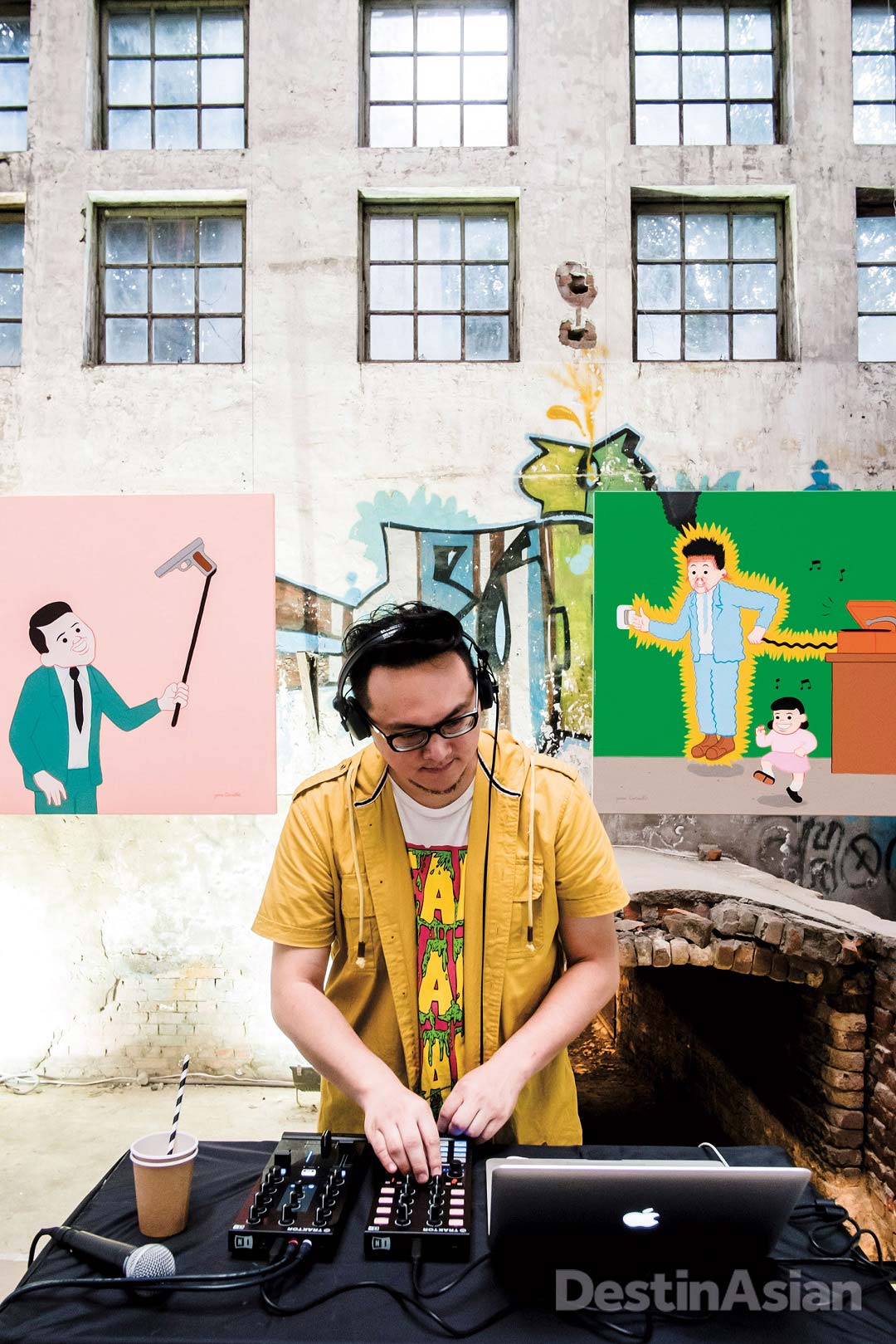 A DJ at the opening of an exhibition by Spanish cartoonist Joan Cornellà at Huashan 1914 Creative Park.