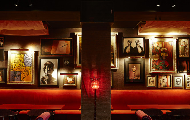 The wall of art at the restaurant