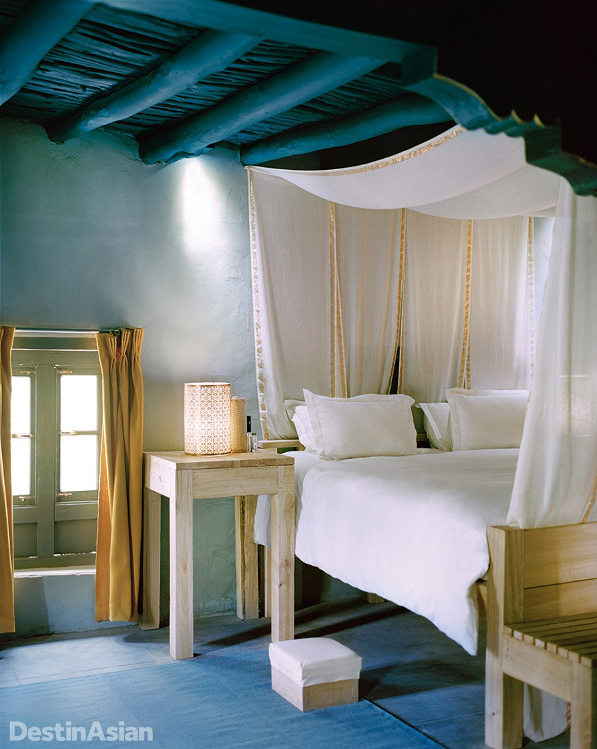Guest quarters at the century-old Shey house blend traditional architecture and modern comforts.