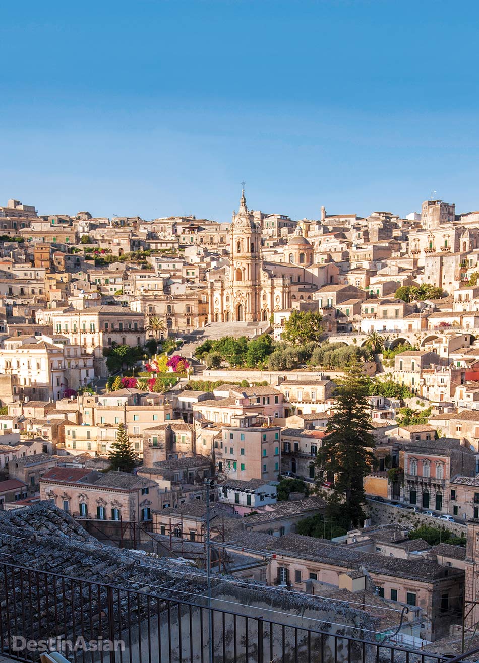 Overlooking the Baroque town center of Modica from the terrace of a guest room at Casa Talía.