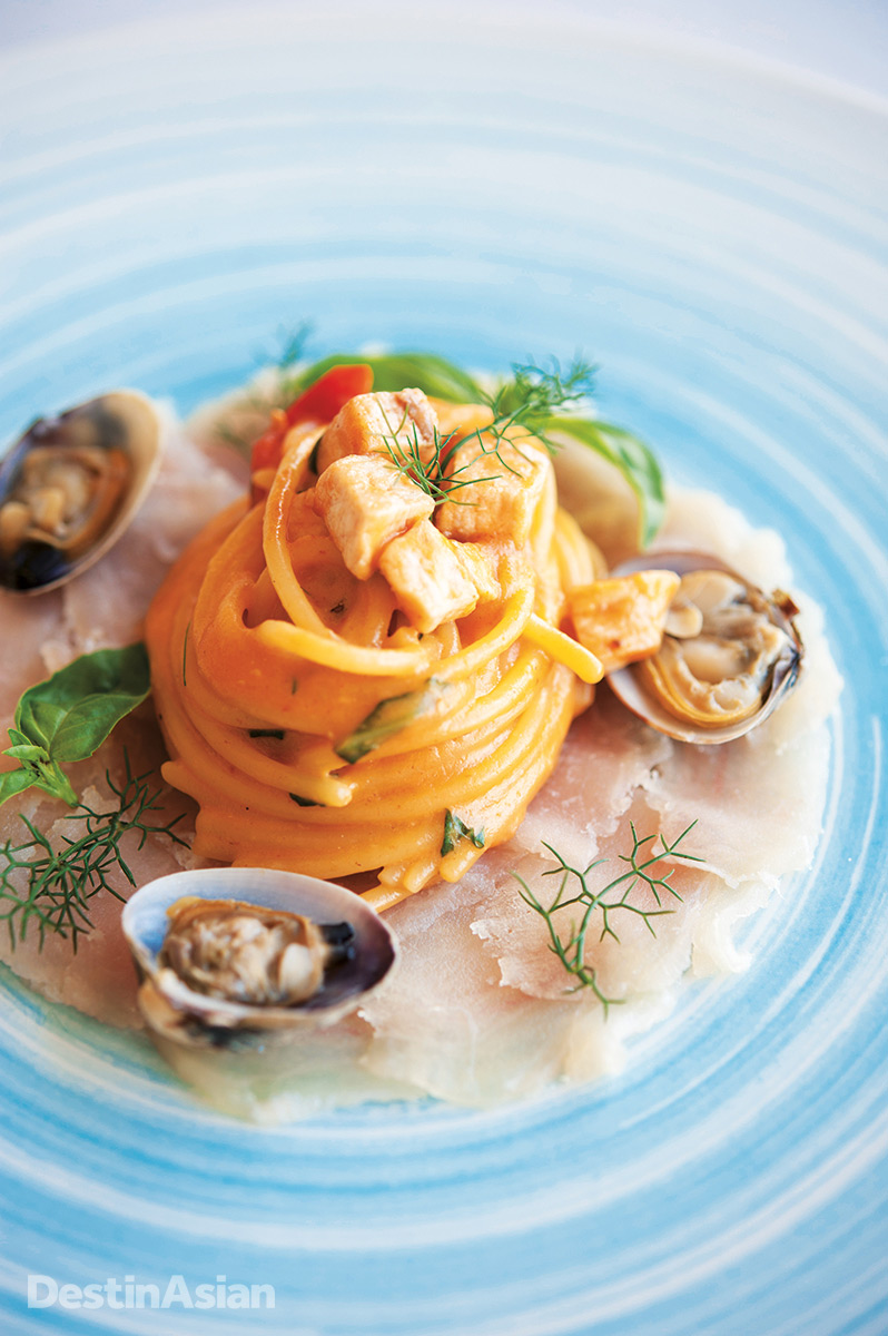 Spaghetti with swordfish and clams at the Belmond Villa Sant’Andrea.