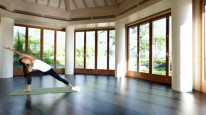 The glass-encased yoga studio.