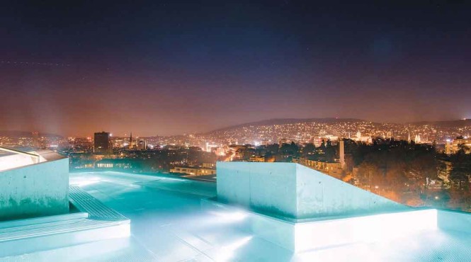 The rooftop pool at Thermalbad & Spa.