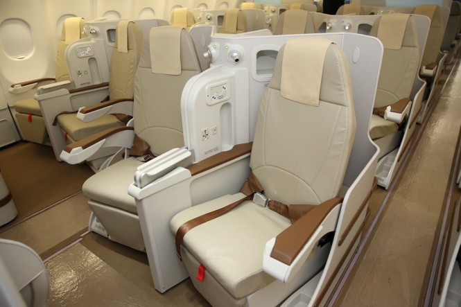 Business class is in a 2-2-2 seating configuration.