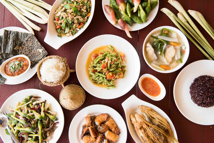 A spread of Lao dishes at Doi Ka Noi.