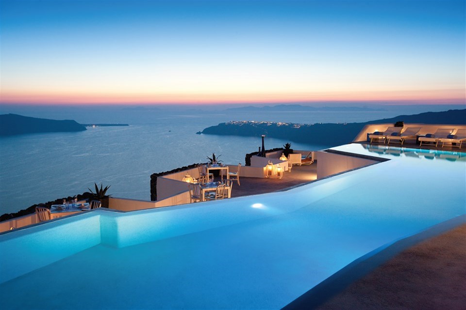 Sunset view of the infinity pool at Grace. 