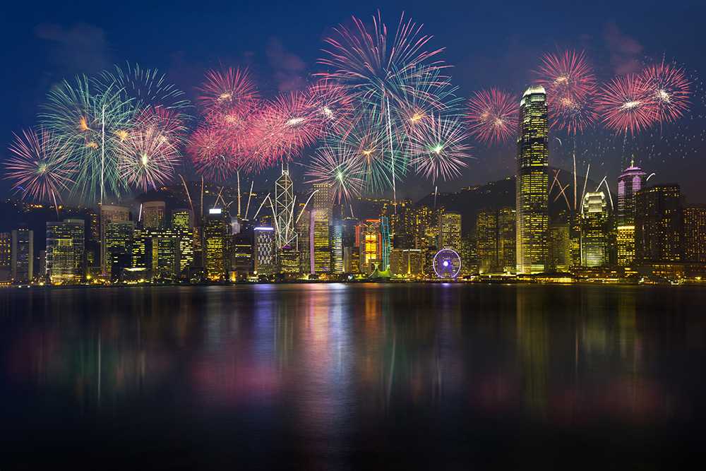Pyrotechnics light up the sky in Hong Kong.