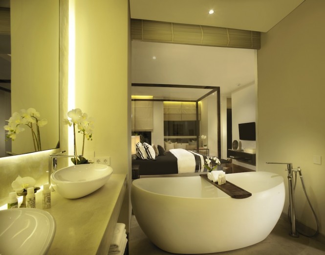 The master bathroom and bedroom of the two-bedroom villa.