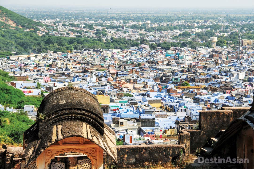 Overlooking Bundi's distinctively colored houses from the walls of the Garh Palace. 