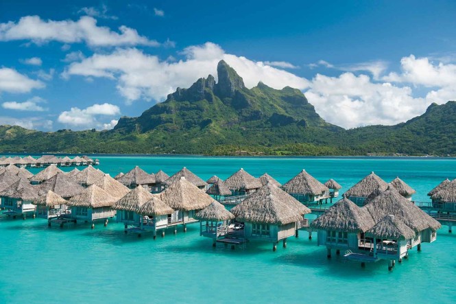 The volcanic peaks of Mount Otemanu provide a dramatic backdrop to the St. Regis Bora Bora. Photo courtesy of the property.