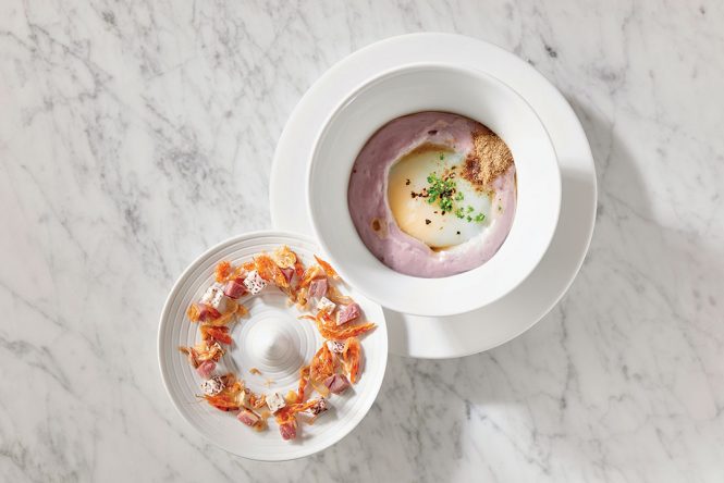 Ho’s signature 65°C Silkie Egg in taro purée with sakura shrimp and yashang (diced smoked duck).