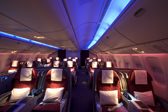 The business class cabin of Qatar's Boeing 777.