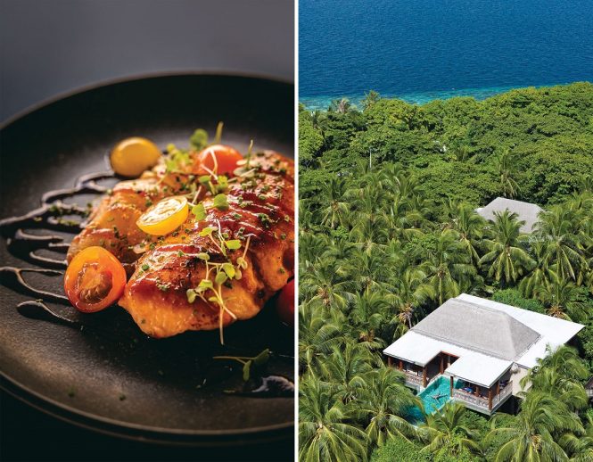 Left to right: Chicken teriyaki at Feeling Koi; the resort’s Treetop pool villas are suspended 12 meters above the ground among a canopy of lush palms.
