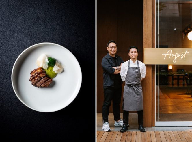 Australian lamb loin with Padang-inspired green curry and cassava leaves; restaurateur Budi Cahyadi and chef Hans Christian outside August.