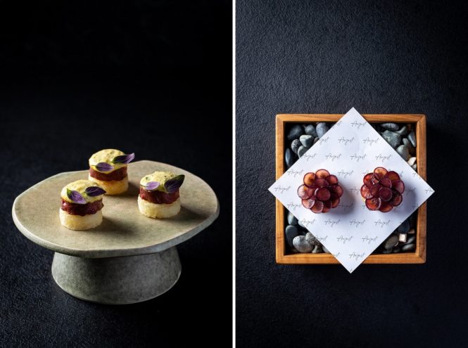 Breakfast from Mom, a bite-size appetizer inspired by the chef’s childhood memories; foie gras and PB&J tarts with pickled grape.