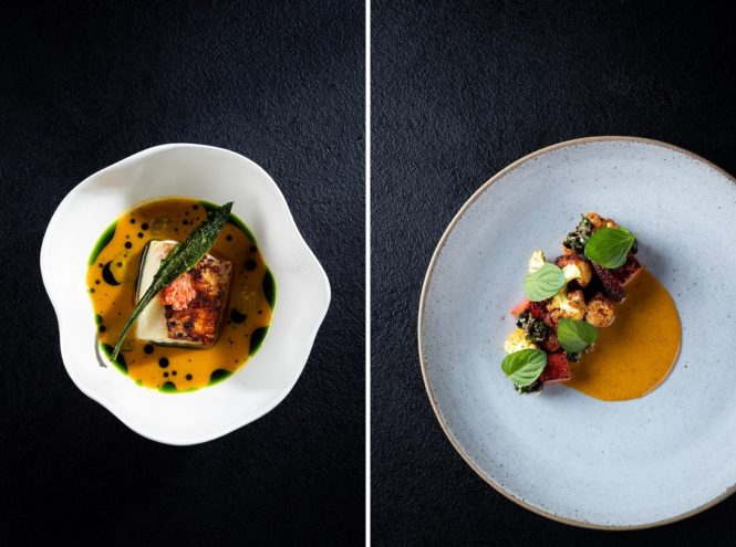 Chef Hans Christian’s version of Central Javanese specialty garang asem; a Riau laksa–inspired dish of charred octopus with andaliman pepper and watermelon.
