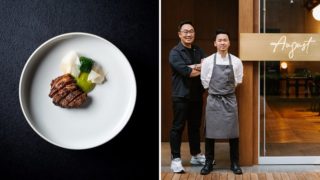 Australian lamb loin with Padang-inspired green curry and cassava leaves; restaurateur Budi Cahyadi and chef Hans Christian outside August.