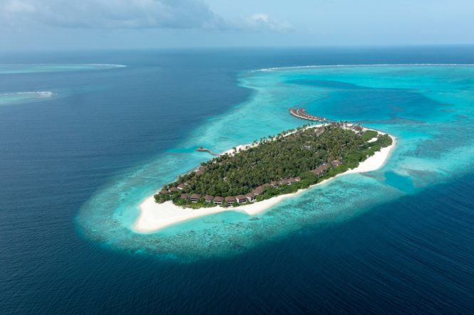 An aerial view of Avani+ Fares Maldives Resort in the Baa Atoll.