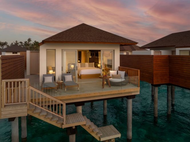 Dusk falls over the Avani Sunset Over Water Villas.
