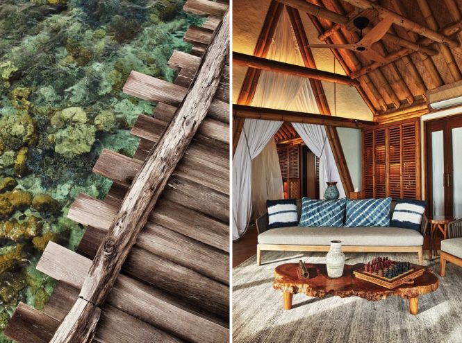 Coral clusters below the resort’s jetty; the lounge area of a lodge at Elang Private Residence.