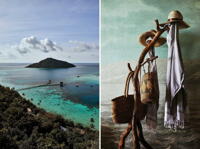 A view from the main lookout on Bawah Island; driftwood stands in each bedroom are hung with sun hats, ponchos, and beach bags.