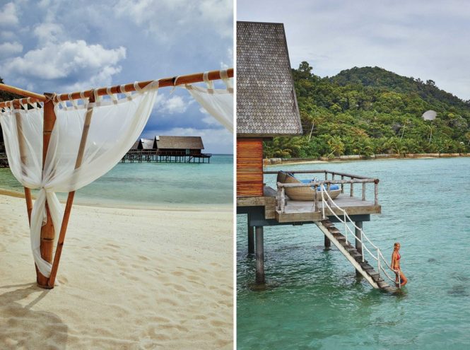 The beach in front of The Boat House restaurant; overwater bungalows allow for direct access to a coral-filled lagoon.